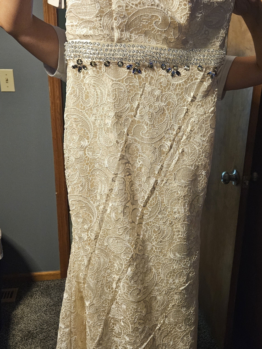 Embellished Cream Lace Evening Dress